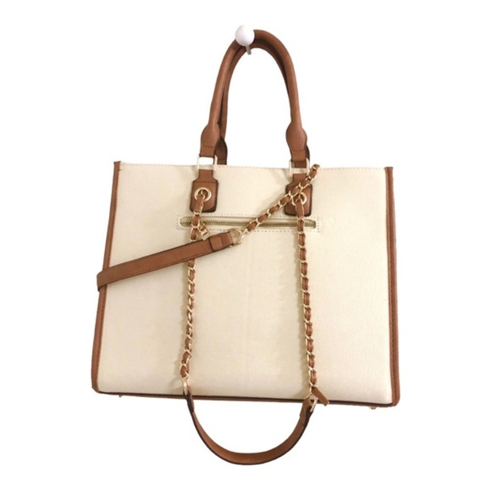 Cee Klein canvas brown trim gold chain strap crossbody ‘beach tote’ tote bag - Picture 5 of 16